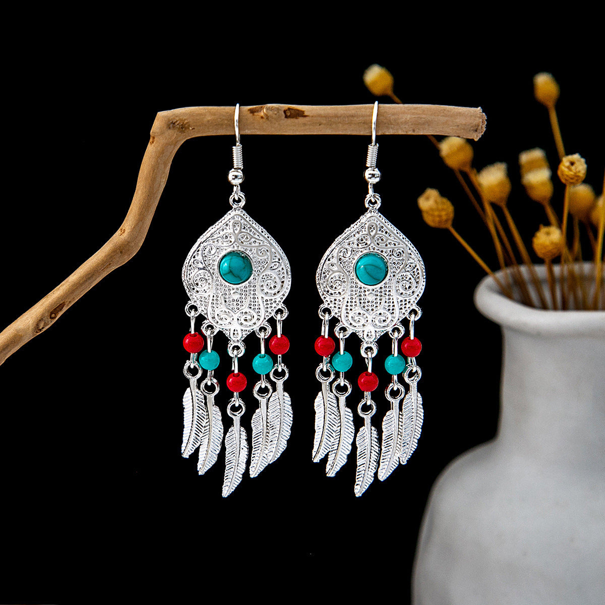 Wholesale Bohemian Ethnic Style Feather Tassel Alloy Earrings